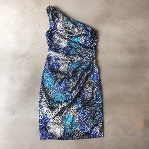 MAGGY LONDON Asymmetric One Shoulder Print Dress